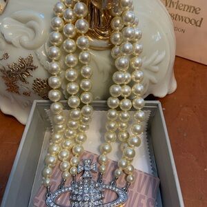 Vivienne Westwood Cream Pearl Necklace with Silver Orb